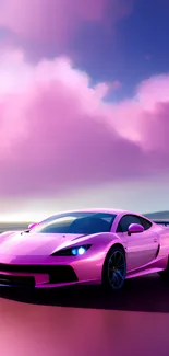 Vibrant pink sports car under dynamic clouds in a sleek, stylish wallpaper setting.