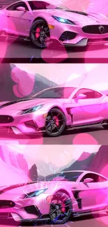 A vibrant pink sports car with sleek design against dynamic landscape backgrounds.