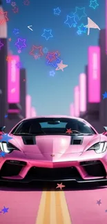 Vibrant pink sports car on a city street with neon signs.