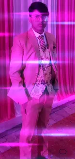 Man in beige suit with radiant pink neon lights.