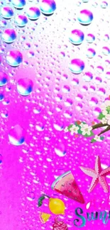 Vibrant pink wallpaper with summer elements and water droplets.