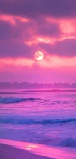 Pink sunset over ocean waves with vibrant sky.