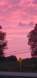 Vibrant pink sunset with silhouetted trees.