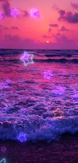 Vibrant pink sunset over ocean waves with purple hues in the sky.