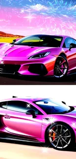 Vibrant pink supercar driving on road with dynamic scenery.