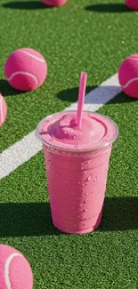 Pink smoothie and tennis balls on a green court.