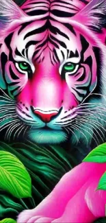 Vibrant pink tiger in a jungle setting with lush green leaves.