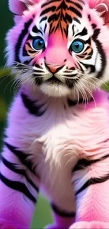 Vibrant pink tiger cub with big blue eyes as phone wallpaper.