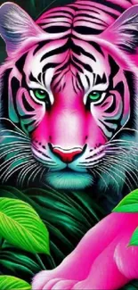 Vibrant pink tiger in lush green jungle wallpaper.