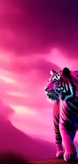 Pink tiger in a vibrant, dramatic landscape mobile wallpaper.