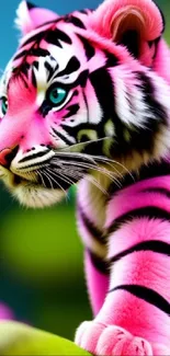 A vibrant pink tiger on a colorful natural background.