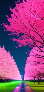 Pathway with vibrant pink blossoming trees at night.