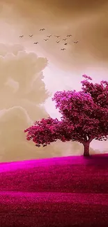 Vibrant pink tree on a serene landscape wallpaper.