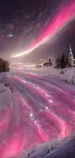 Mobile wallpaper of a vibrant pink aurora over a snowy landscape.