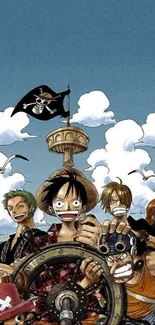 Anime pirate crew art with blue sky background.