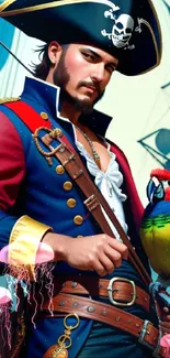 Vibrant pirate with parrot and ship in background wallpaper.