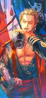 Anime pirate with bottle and vibrant colors.