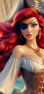 Animated pirate woman with red hair and a striking outfit