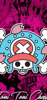 Colorful pirate emblem with pink background in anime style.