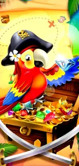 Colorful cartoon parrot with treasure chest on a pirate-themed mobile wallpaper.