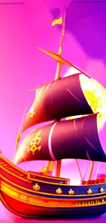 Vibrant pirate ship with pink and purple hues on mobile wallpaper.