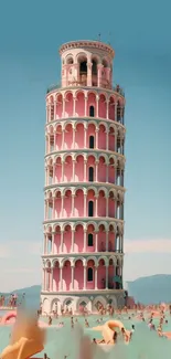 Leaning Tower of Pisa against a soft pastel sky, rich colors.