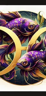 Colorful Pisces fish artwork with purple and gold tones for mobile wallpaper.