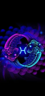 Vibrant neon Pisces zodiac art with blue and pink hues on black background.