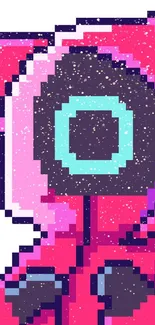 Pixel art cat in bright pink with futuristic design.