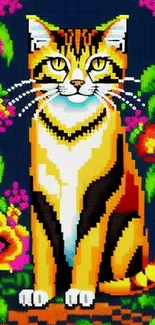 Vibrant pixel art cat with floral backdrop.