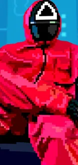 Pixel art character in vibrant red outfit on a mobile wallpaper.