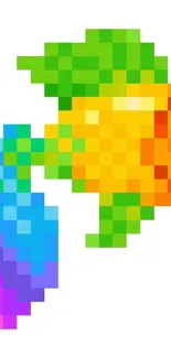 Vibrant pixel art fish with colorful tail on a white background.