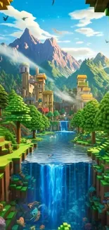 Pixel art landscape with waterfall and mountains in vibrant colors.