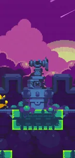 Colorful pixel art landscape with purple hues and retro gaming style elements.