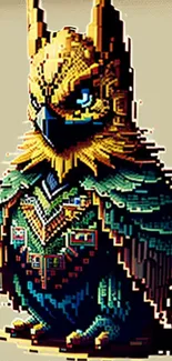 Vibrant pixel art owl with colorful design on beige background.