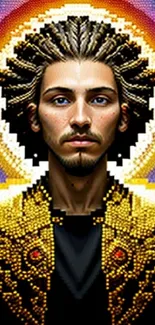 Pixel art portrait with vibrant colorful halo.