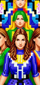 Vibrant pixel art of diverse women in colorful designs for a unique wallpaper.