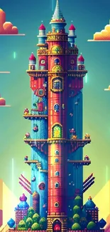 Vibrant pixel art tower with colorful clouds.