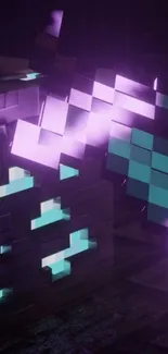 Abstract digital image with purple and cyan pixelated cubes and sword effect.