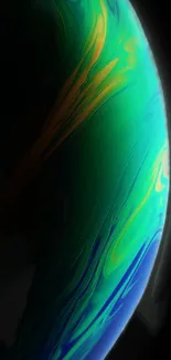 Vibrant green and blue planet abstract wallpaper with swirls on black background.