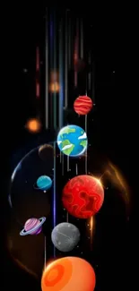 Vibrant design of planets cascading on a black background for mobile wallpaper.