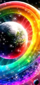 Colorful rainbow rings surrounding planet wallpaper.