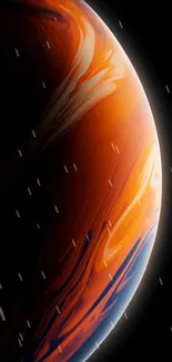 Colorful orange planet surface with black background.