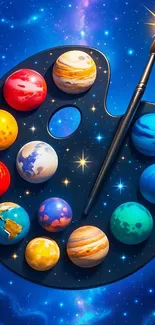 Artistic palette with colorful planets and a star-filled background.