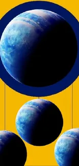 Vibrant planetary design against yellow backdrop.