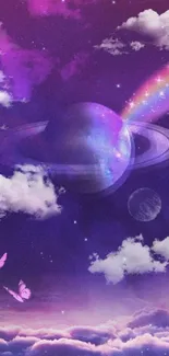 Dreamy cosmic wallpaper with planets and purple hues.