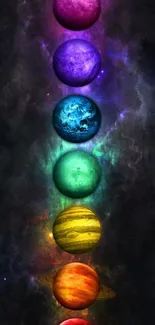 Colorful planets aligned in space forming a vivid cosmic mobile wallpaper.