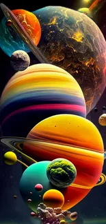 Colorful planets and cosmic design wallpaper.