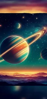 Surreal space art with vibrant planets under a starry sky.