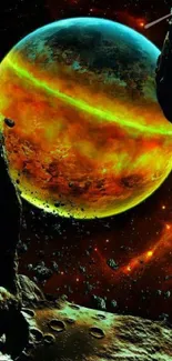 Vibrant cosmic wallpaper with orange planet and dark space.